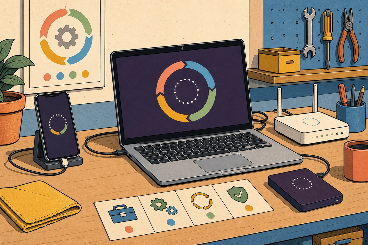 Illustrated laptop, phone, router, and backup drive undergoing a planned software-update routine
