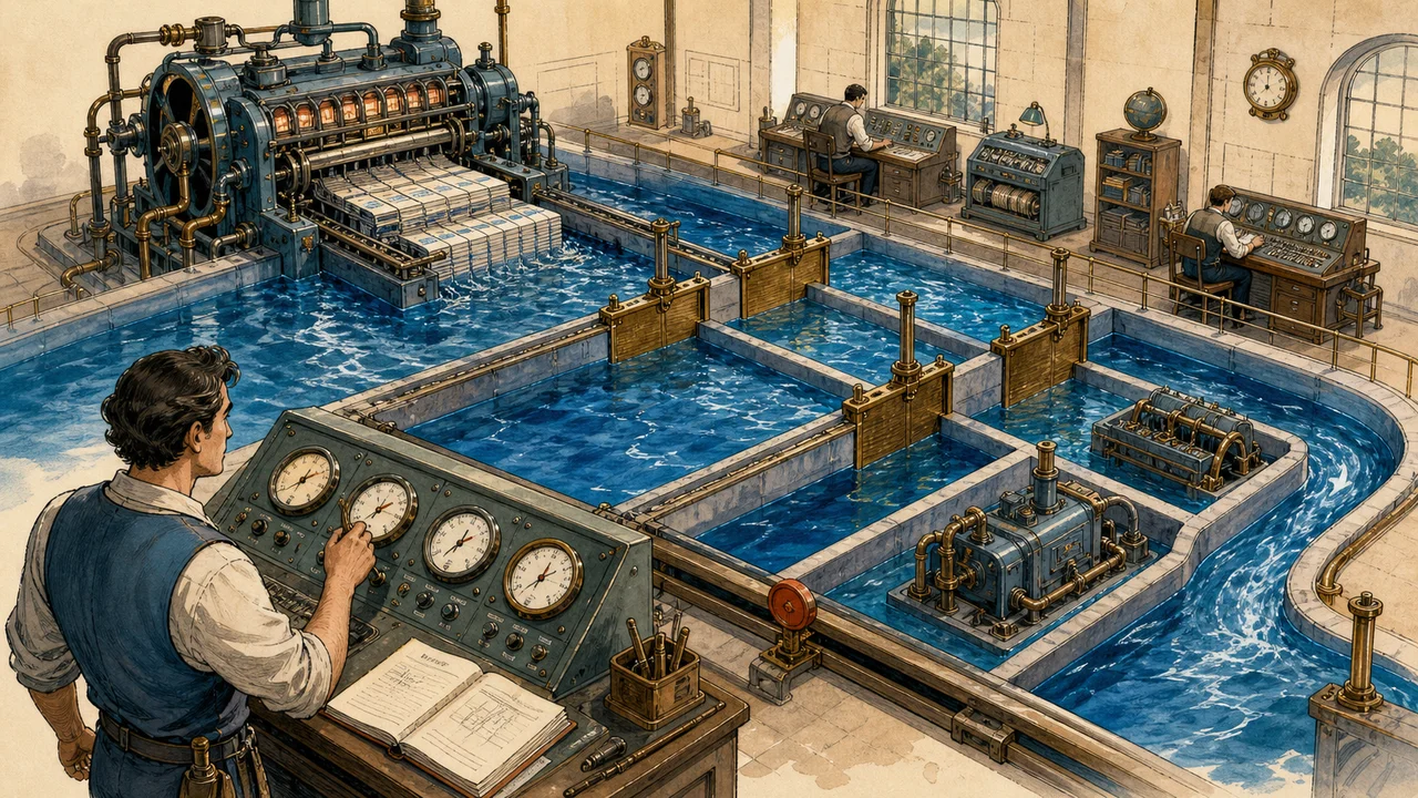 Illustrated engineering reservoir dividing finite memory among a database engine, Windows control systems, backup equipment, monitoring, and another database instance while a technician preserves headroom