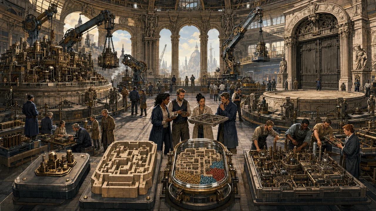 Monumental casting yard displaying one bronze component pattern, an empty relief mould, a sealed mould-plus-material vessel and a complete mechanical database city, with source dependencies, engineers reviewing comparison plates, a disposable rehearsal bay and a closed target gate.