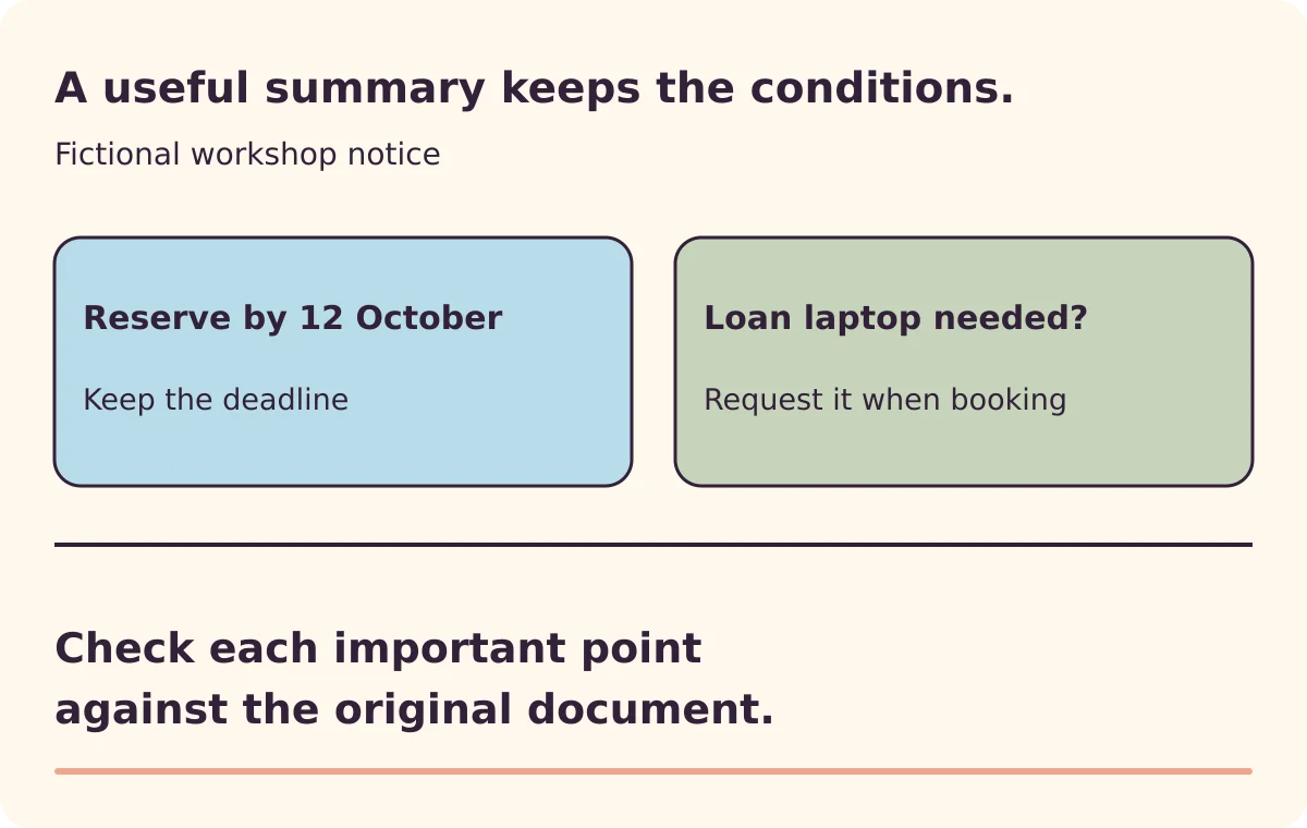 A workshop notice and checked summary retain the booking deadline and the condition for borrowing a laptop.