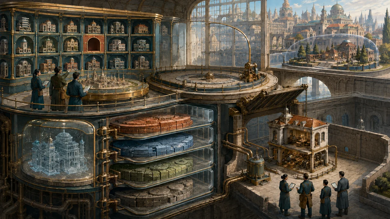 Sectional glass city with an empty planning-registry socket, one empty host-district cradle, intact configuration blueprint and dependent disk strata beneath it, and exactly one complete guest building operating inside a disconnected recovery courtyard behind a raised production bridge.