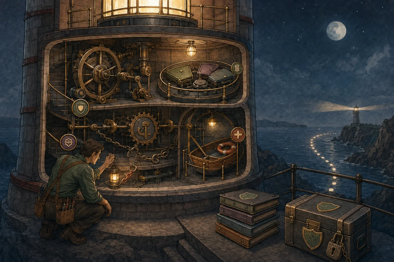Night-time cutaway lighthouse showing a technician tracing one failed linkage through a protected boot mechanism while a separate recovery lifeboat, evidence cases and safe route remain intact.