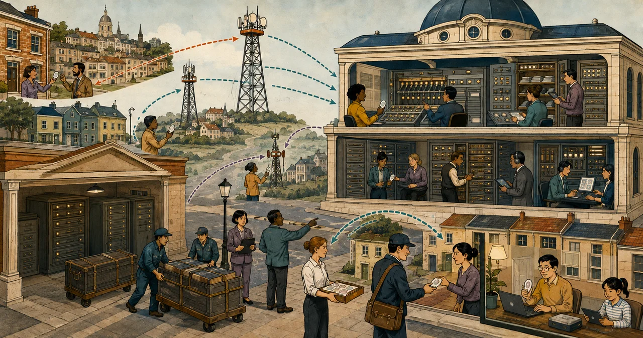 Civic address-allocation bureau receiving requests from several neighbourhoods through relay towers as protected ledgers leave a dark old hall for one active new authority, which returns distinct configuration tokens to new and renewing test clients under supervision.