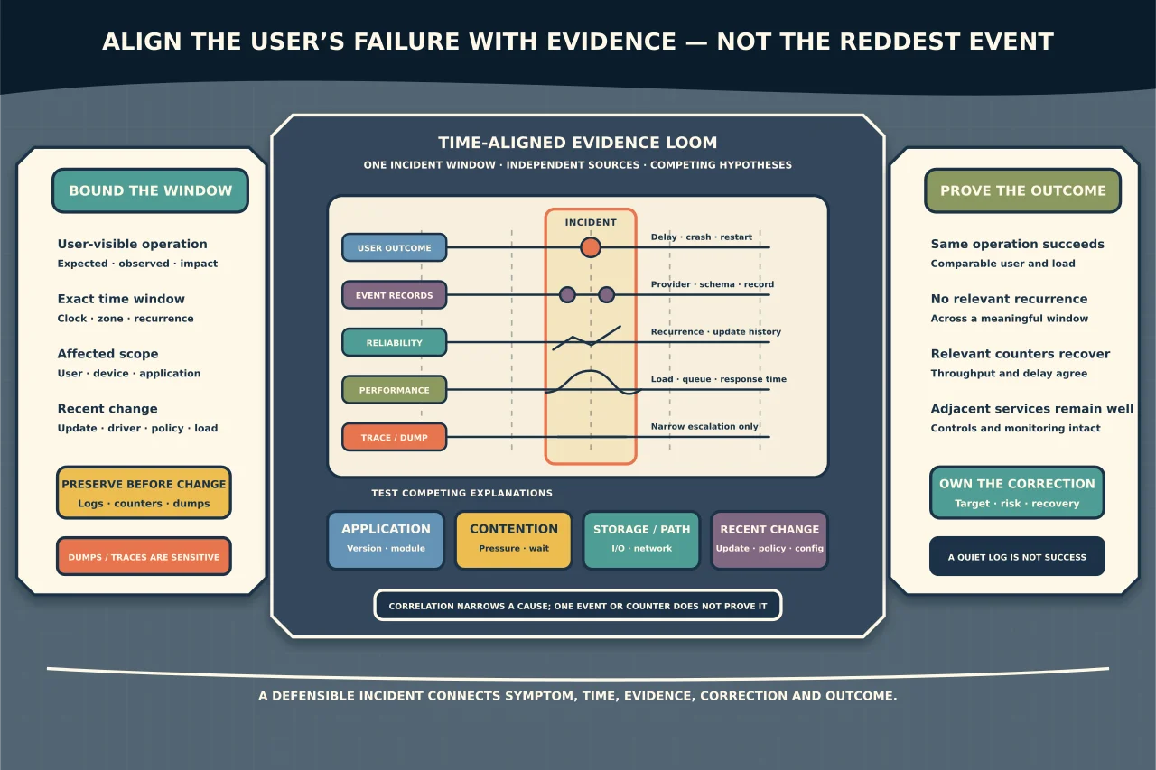 Time-aligned Windows incident evidence loom threading one user-visible failure window through event records, reliability history, performance counters and narrowly escalated trace or dump evidence before comparing application, contention, storage-path and recent-change hypotheses.