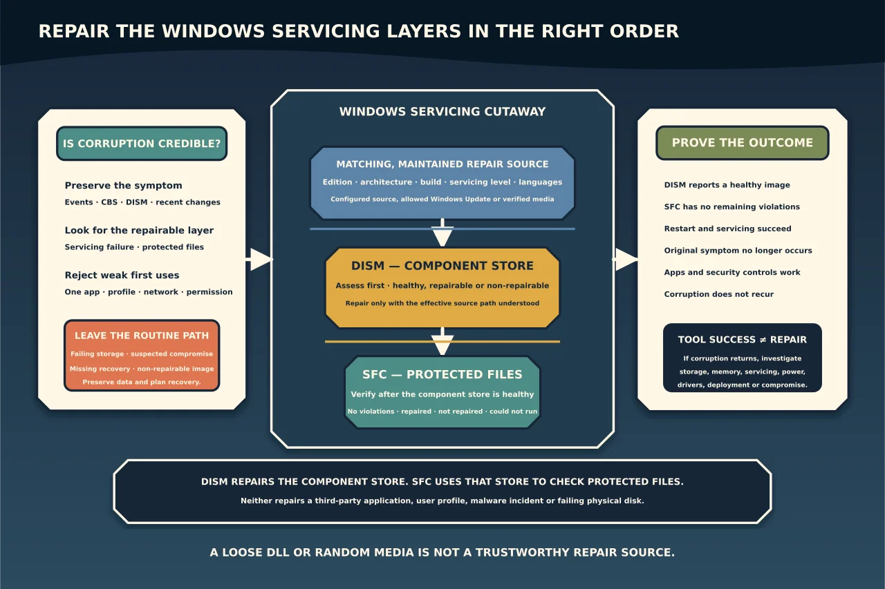 Windows servicing cutaway diverting failing storage, suspected compromise and non-repairable images before feeding a matching maintained source into DISM component-store repair, then SFC protected-file verification and proof that the original workload works without recurring corruption.