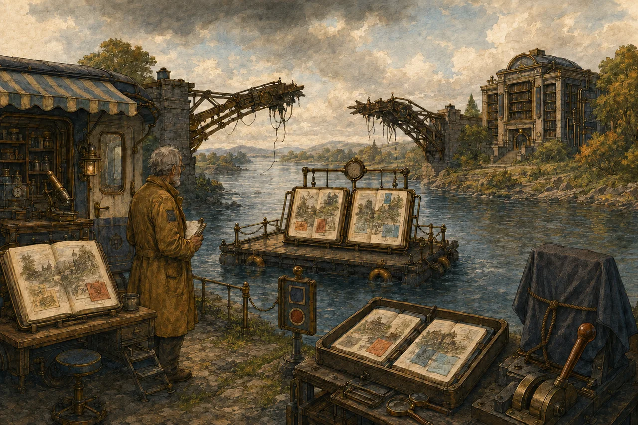River recovery scene showing a disconnected field-office cache and central records house with different valid folio changes, both copies preserved on a reconciliation ferry while the broken bridge is assessed and the reset lever remains covered.
