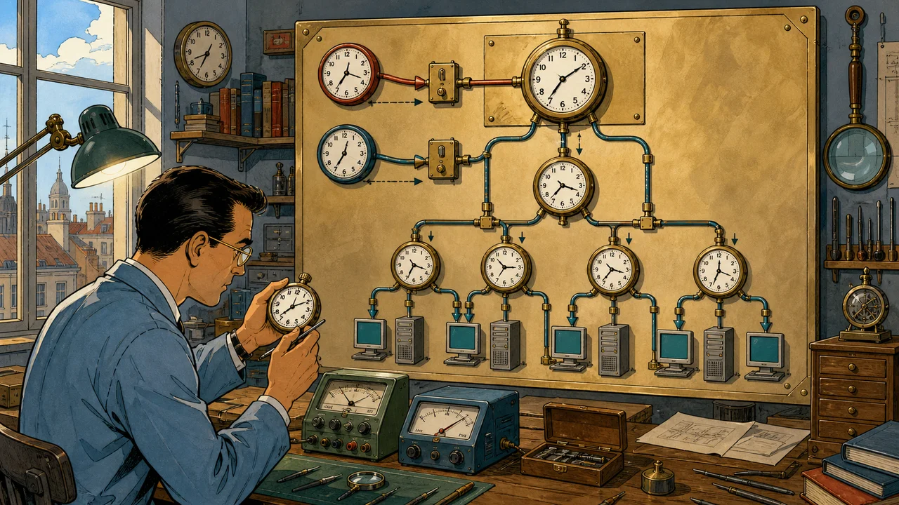 Illustrated clock-repair workshop showing approved reference clocks feeding a forest-root master clock and a cascading hierarchy of domain and member clocks