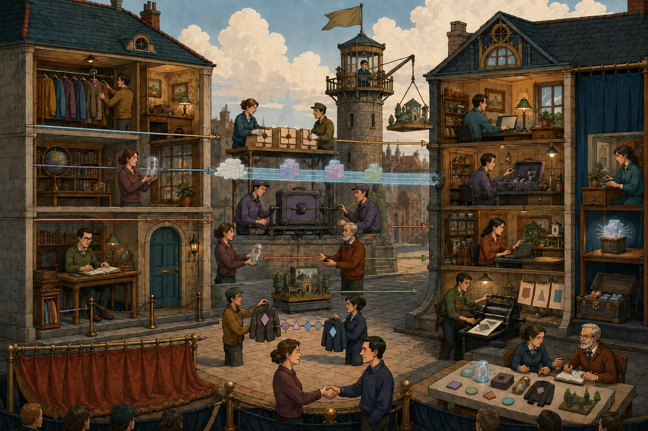 Two stage houses linked by separate shape-coded transfer methods for plain files, cloud-owned parcels, application cases, protected capsules, managed scenery and identity wardrobe pieces, with the resident performing real work in the new house before the guarded old source is retired.
