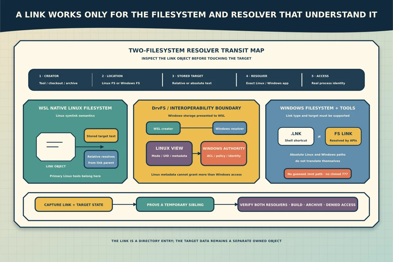 Two-filesystem WSL resolver transit map carrying creator, link location, stored target text, resolver and access through native Linux, DrvFS and Windows boundaries, while keeping shell shortcuts, filesystem links, Windows ACL authority and protected target data distinct.